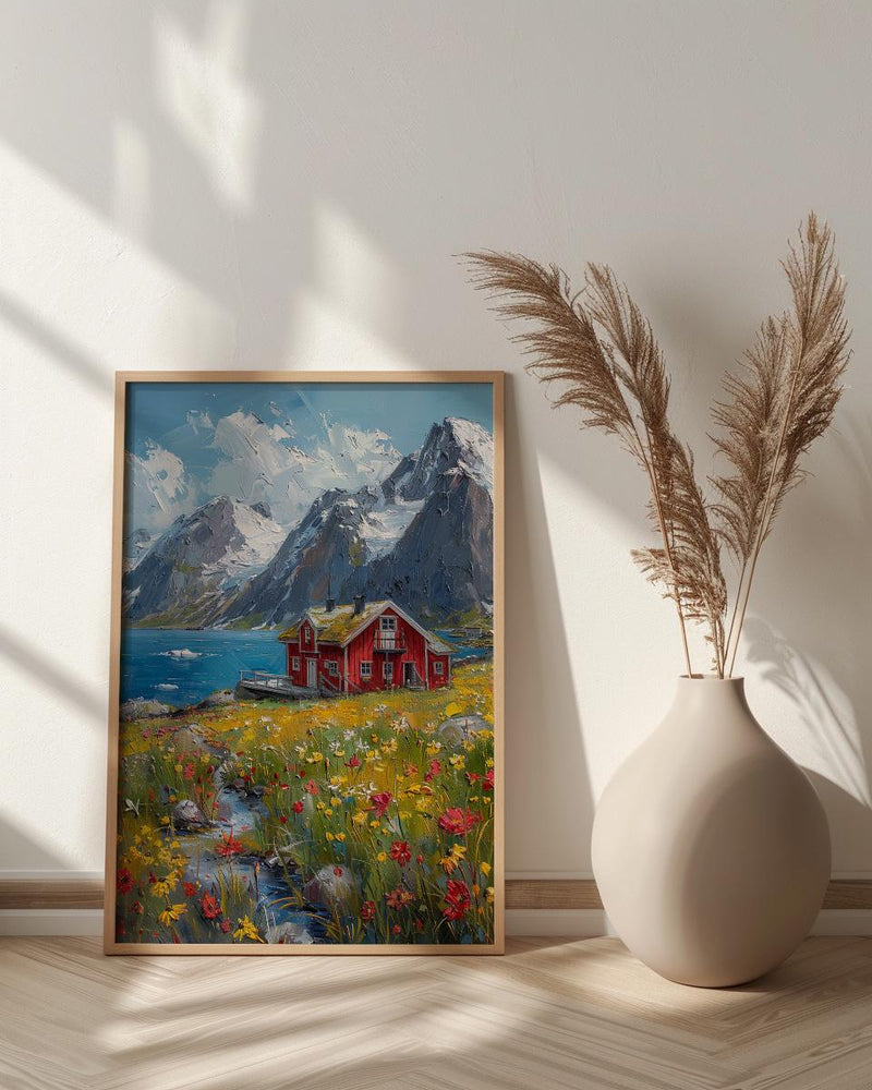 Lofoten Fjord Cabin Art Print, Norway Spring Landscape - Housewarming Gift