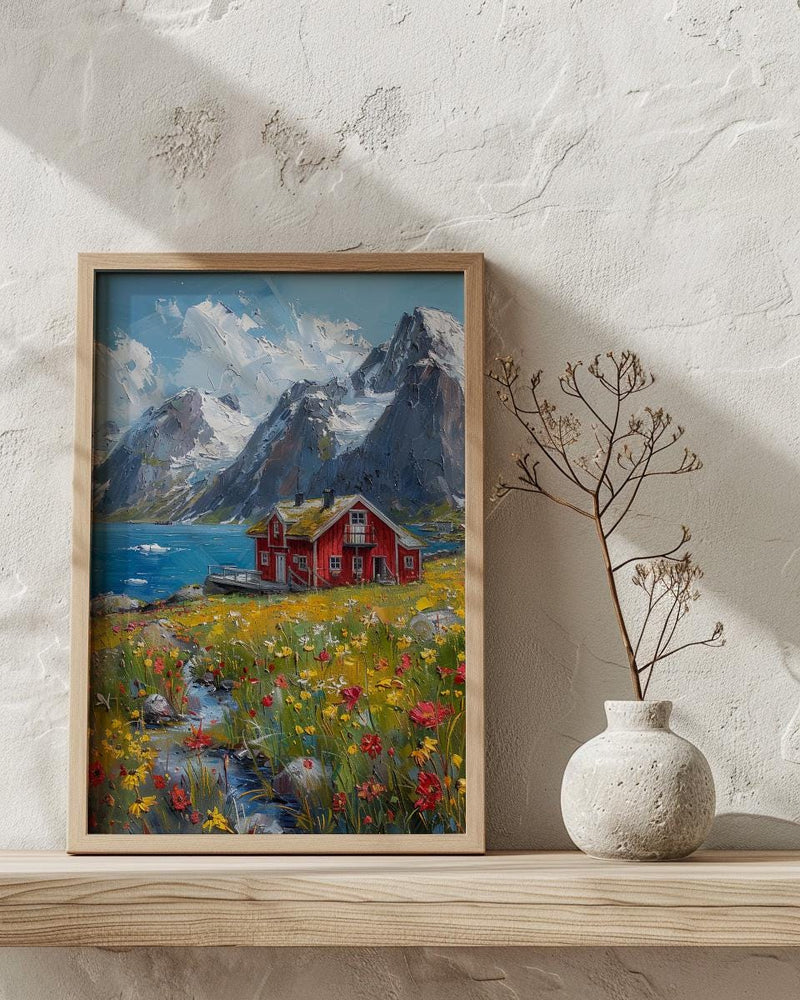 Lofoten Fjord Cabin Art Print, Norway Spring Landscape - Housewarming Gift