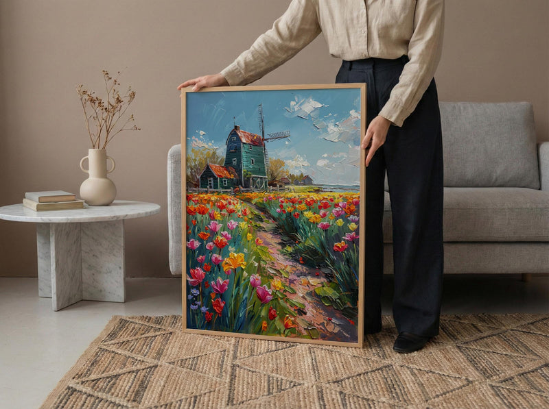 Zaanse Schans Windmill Wall Art, Spring Tulip Poster - Palette Knife Painting Style