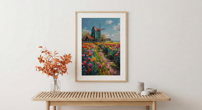 Zaanse Schans Windmill Wall Art, Spring Tulip Poster - Palette Knife Painting Style