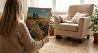 Zaanse Schans Windmill Wall Art, Spring Tulip Poster - Palette Knife Painting Style