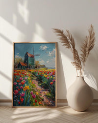 Zaanse Schans Windmill Wall Art, Spring Tulip Poster - Palette Knife Painting Style