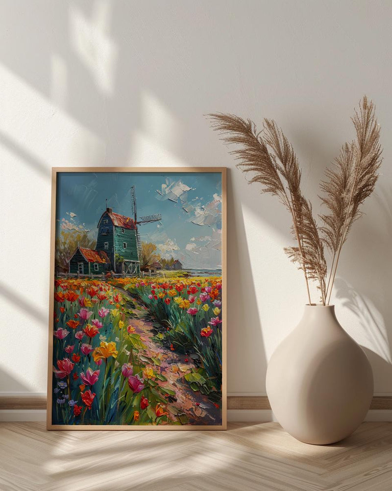 Zaanse Schans Windmill Wall Art, Spring Tulip Poster - Palette Knife Painting Style