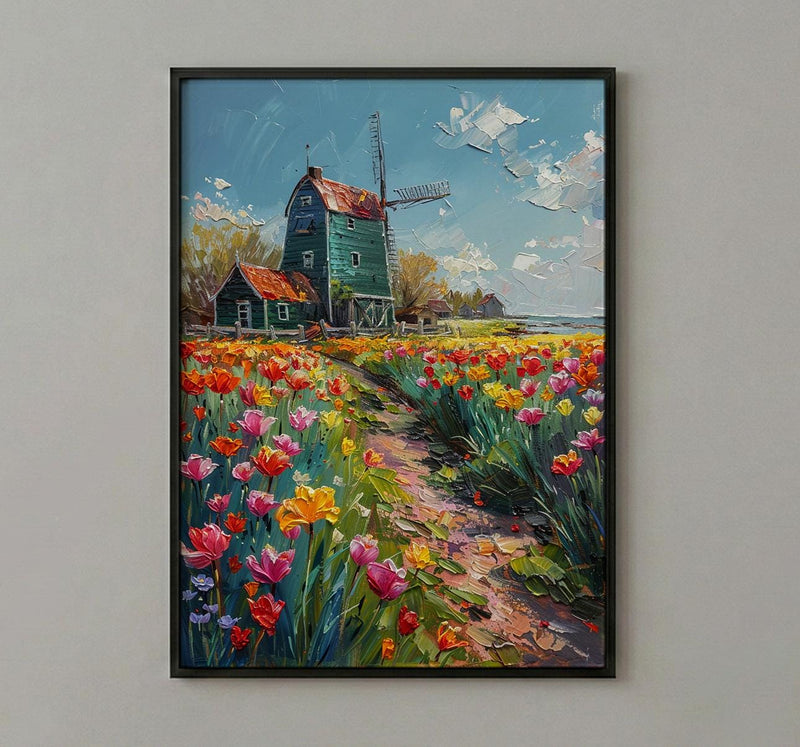 Zaanse Schans Windmill Wall Art, Spring Tulip Poster - Palette Knife Painting Style