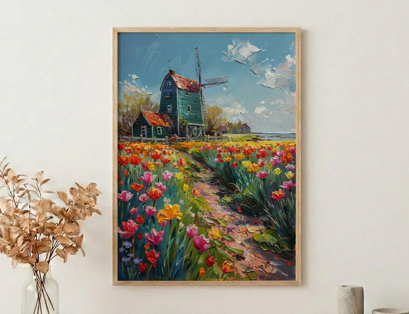 Zaanse Schans Windmill Wall Art, Spring Tulip Poster - Palette Knife Painting Style