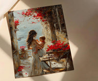 European Cafe Wall Art, Mother Baby Poster - Palette Knife Painting Style