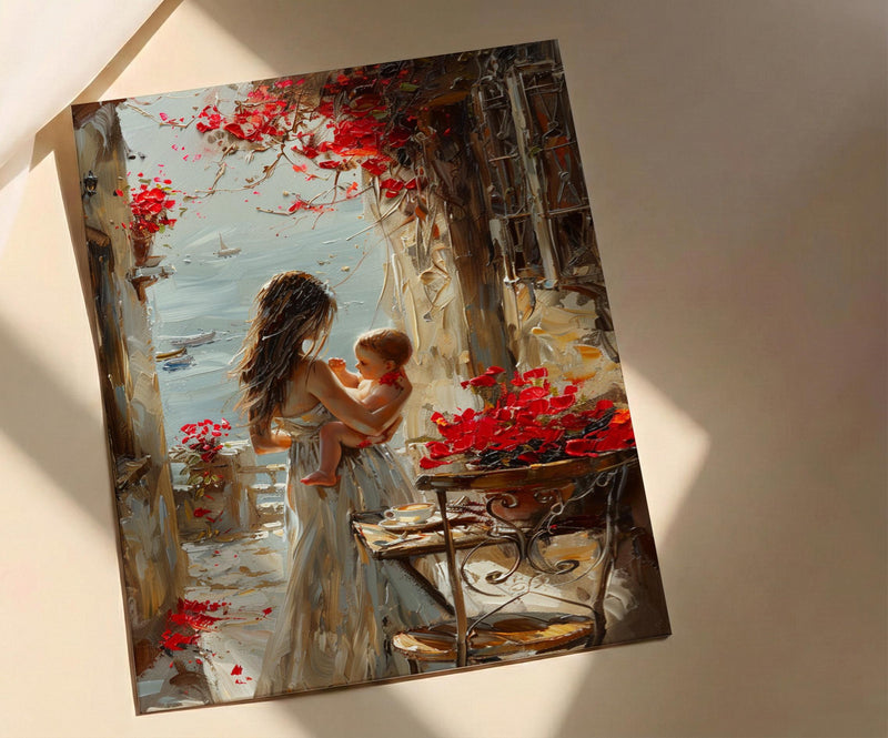 European Cafe Wall Art, Mother Baby Poster - Palette Knife Painting Style