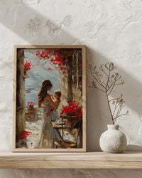 European Cafe Wall Art, Mother Baby Poster - Palette Knife Painting Style