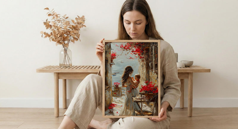 European Cafe Wall Art, Mother Baby Poster - Palette Knife Painting Style