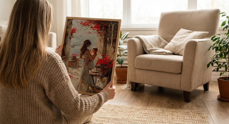 European Cafe Wall Art, Mother Baby Poster - Palette Knife Painting Style