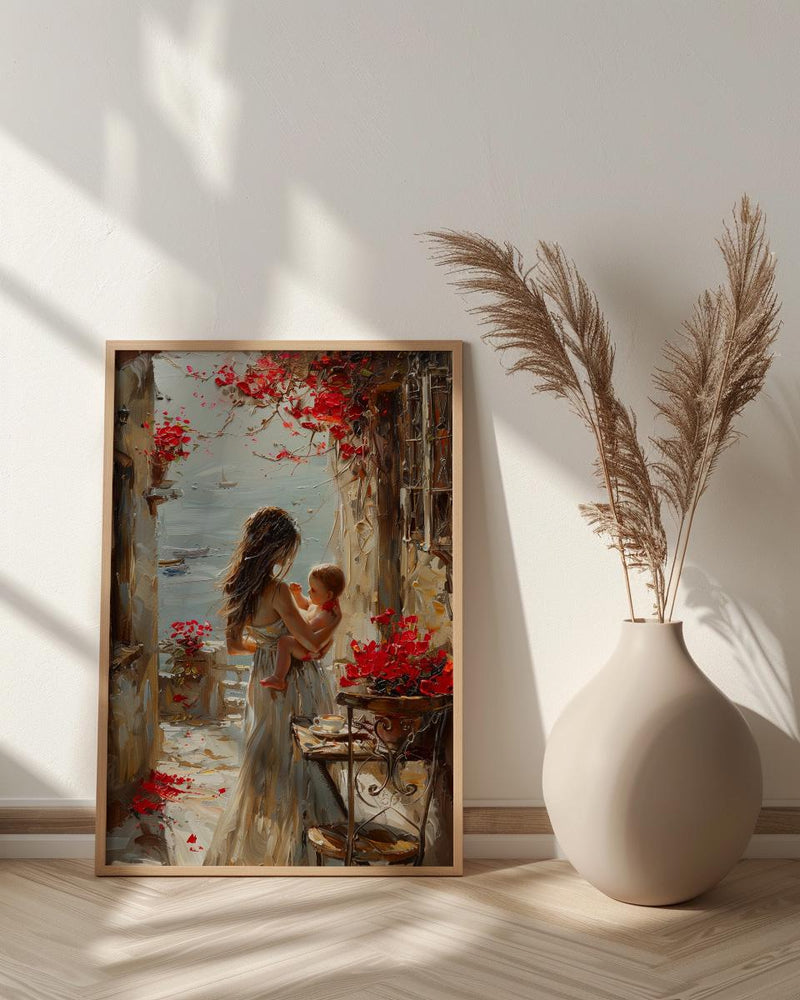 European Cafe Wall Art, Mother Baby Poster - Palette Knife Painting Style