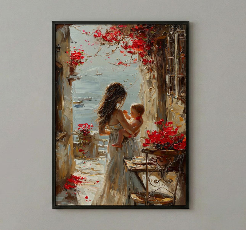 European Cafe Wall Art, Mother Baby Poster - Palette Knife Painting Style