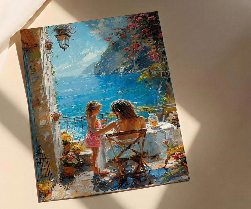 Mediterranean Cafe Wall Art, Mother Child Art Print - Thick Oil Painting Style