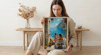 Mediterranean Cafe Wall Art, Mother Child Art Print - Thick Oil Painting Style
