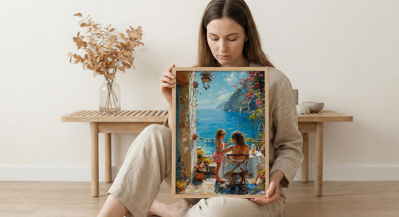 Mediterranean Cafe Wall Art, Mother Child Art Print - Thick Oil Painting Style