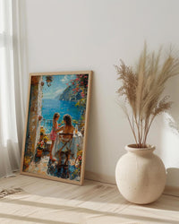 Mediterranean Cafe Wall Art, Mother Child Art Print - Thick Oil Painting Style