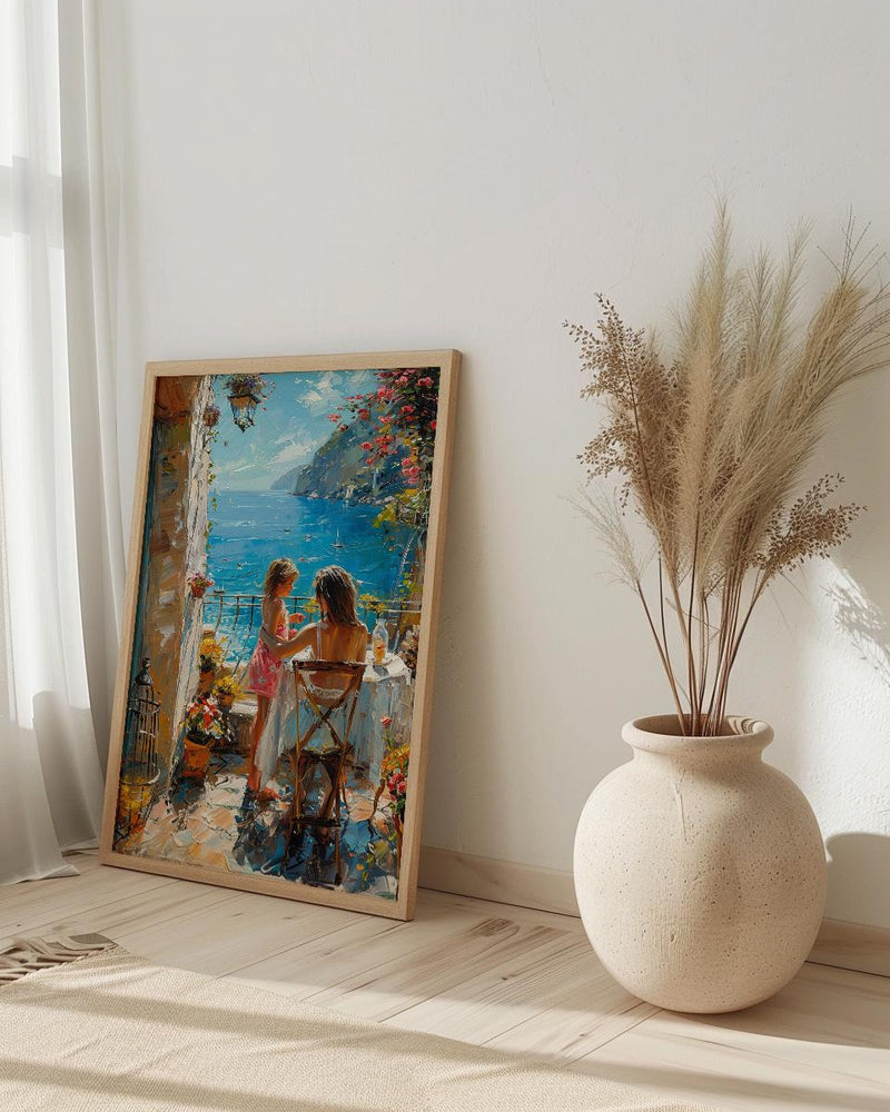 Mediterranean Cafe Wall Art, Mother Child Art Print - Thick Oil Painting Style