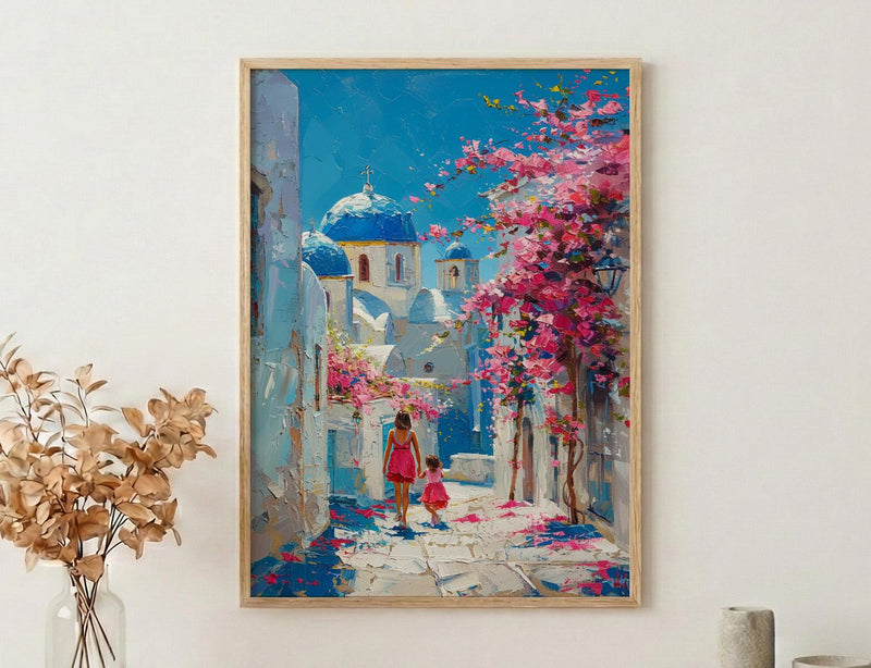 Santorini Greece Print, Mothers Day Gift From Daughter, Blue Dome Wall Art, Mother Daughter Poster, Shipped Wall Art