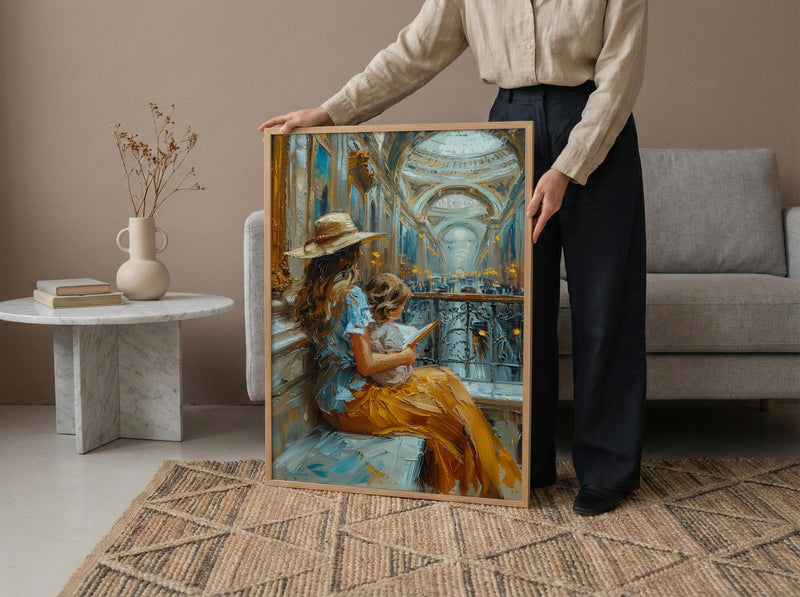 Museum Bench Poster, Mother Child Art Print - Mother's Day Gift