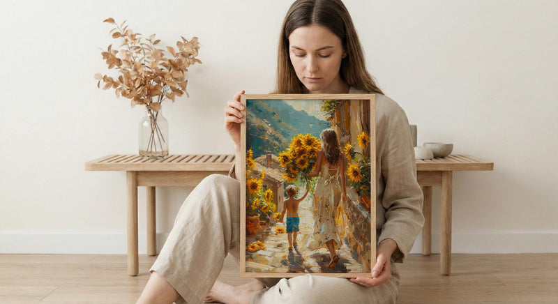 Sunflower Cobblestone Poster, Mother Son Print - Gift for Mom
