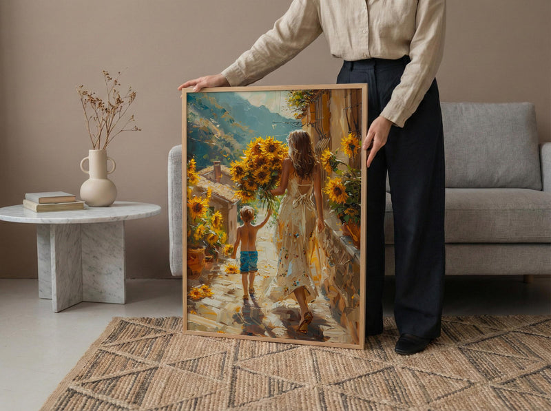 Sunflower Cobblestone Poster, Mother Son Print - Gift for Mom