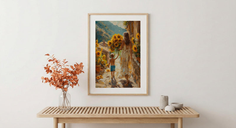 Sunflower Cobblestone Poster, Mother Son Print - Gift for Mom