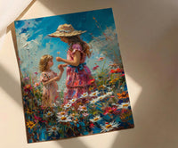 Countryside Daisy Poster, Mother Daughter Art - Thick Oil Painting Style