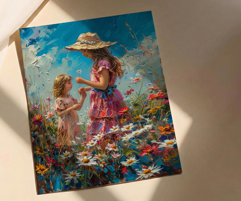 Countryside Daisy Poster, Mother Daughter Art - Thick Oil Painting Style