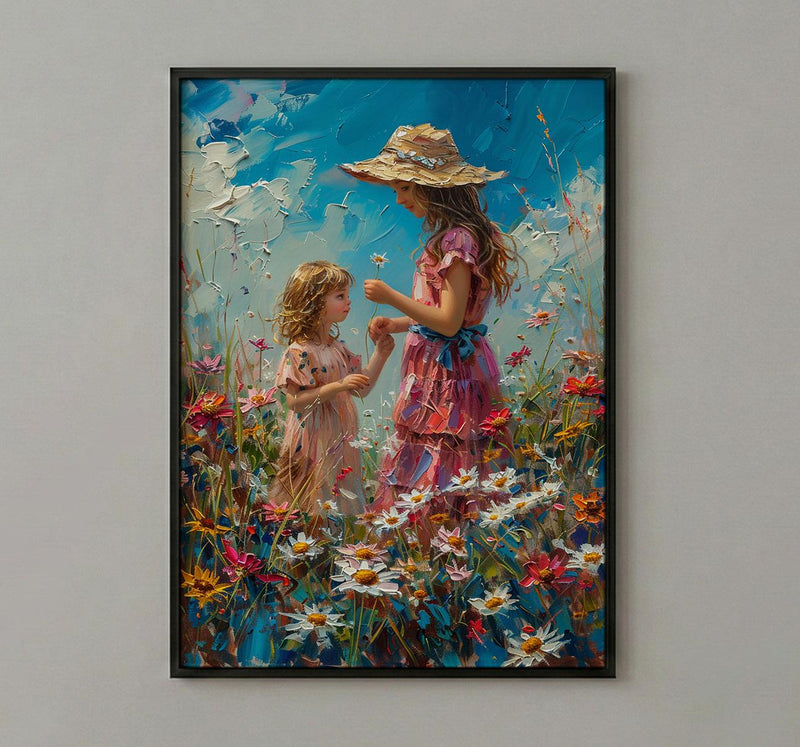 Countryside Daisy Poster, Mother Daughter Art - Thick Oil Painting Style