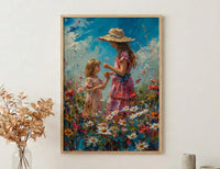 Countryside Daisy Poster, Mother Daughter Art - Thick Oil Painting Style