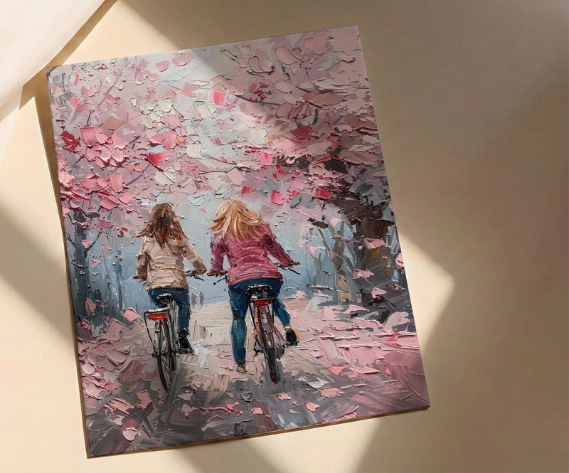 London Cherry Blossom Poster, Mother Daughter Art - Palette Knife Painting Style