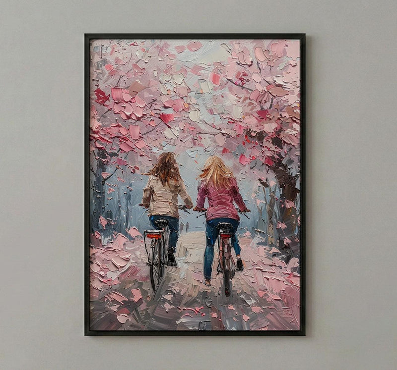 London Cherry Blossom Poster, Mother Daughter Art - Palette Knife Painting Style
