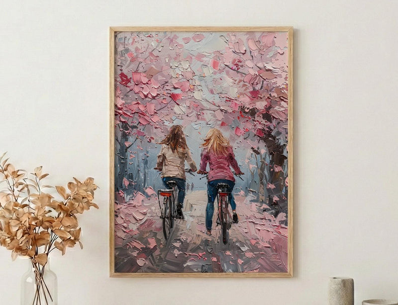 London Cherry Blossom Poster, Mother Daughter Art - Palette Knife Painting Style