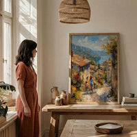 French Village Art Print, Mother Child Poster - Textured Impasto Oil Painting