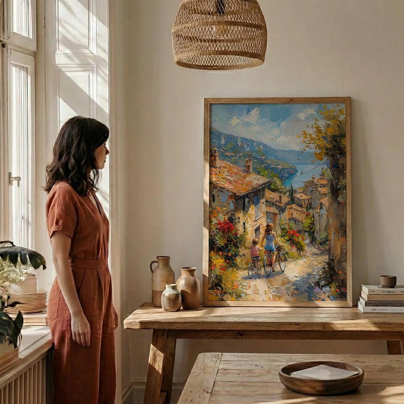 French Village Art Print, Mother Child Poster - Textured Impasto Oil Painting