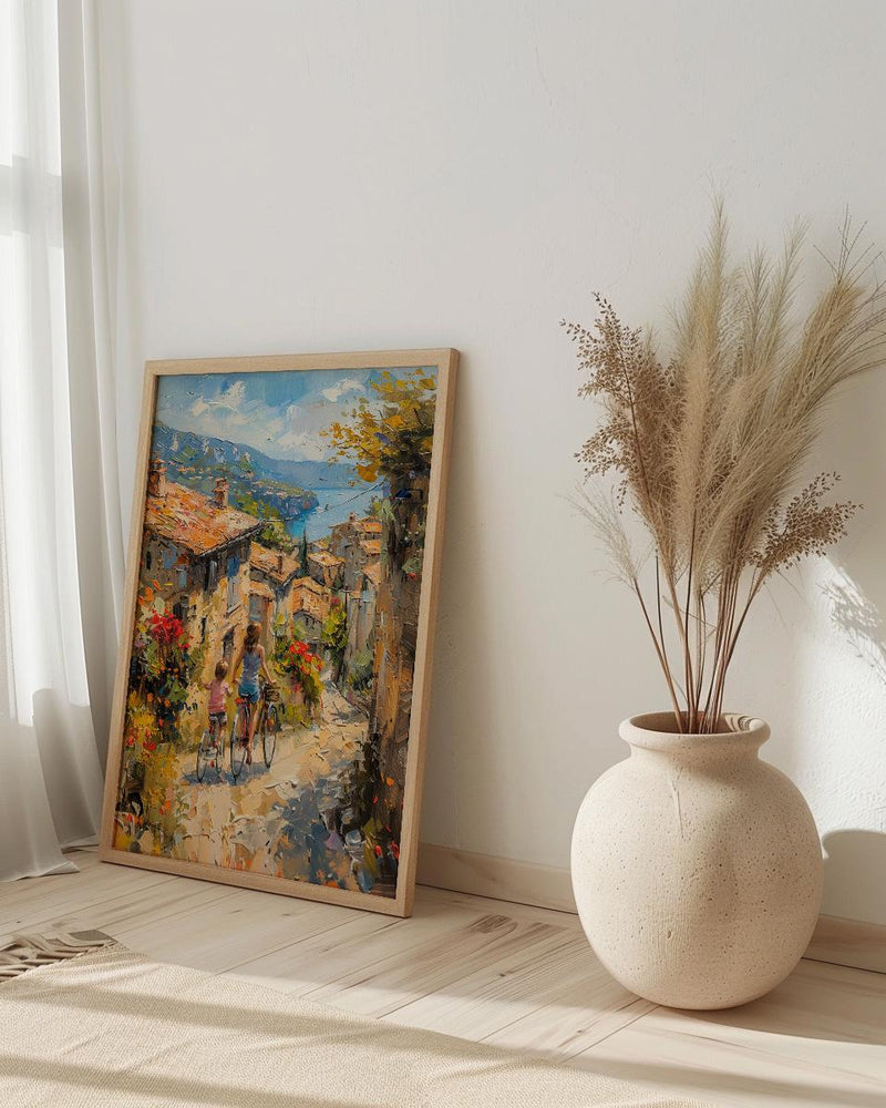 French Village Art Print, Mother Child Poster - Textured Impasto Oil Painting