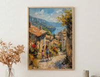 French Village Art Print, Mother Child Poster - Textured Impasto Oil Painting