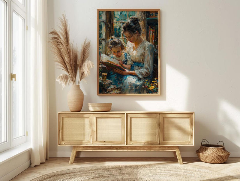 Sunlit Library Wall Art, Mother Child Print - Mother's Day Gift