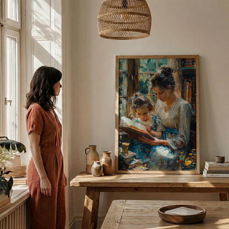 Sunlit Library Wall Art, Mother Child Print - Mother's Day Gift