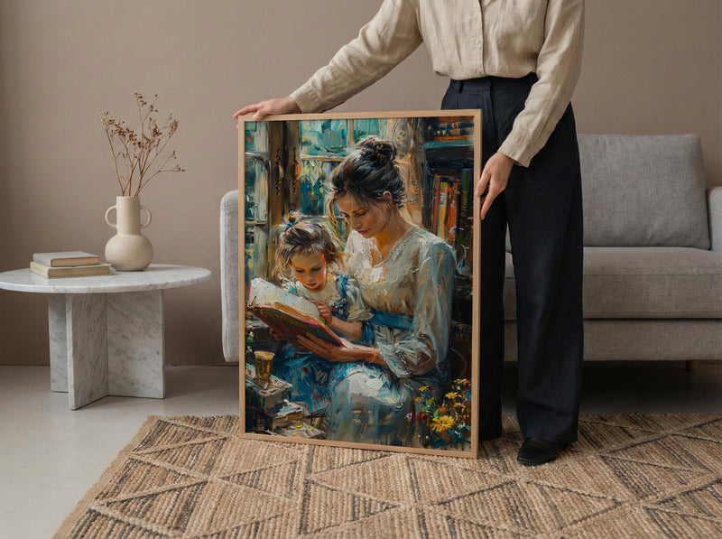 Sunlit Library Wall Art, Mother Child Print - Mother's Day Gift