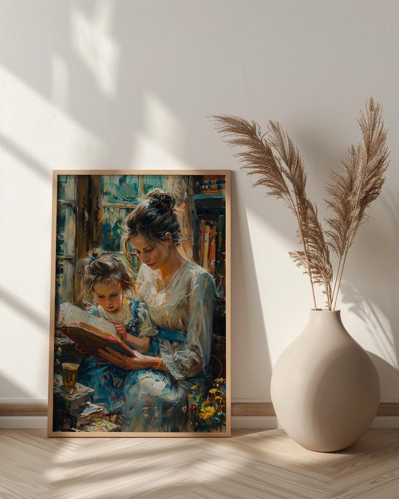 Sunlit Library Wall Art, Mother Child Print - Mother's Day Gift