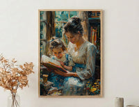 Sunlit Library Wall Art, Mother Child Print - Mother's Day Gift