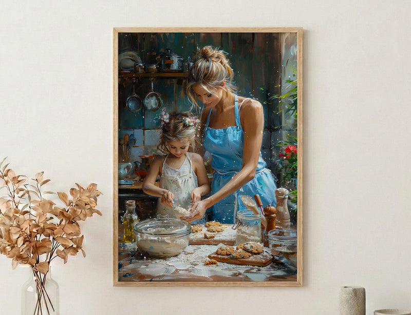 Vintage Kitchen Poster, Mom Daughter Art Print - Gift for Mom