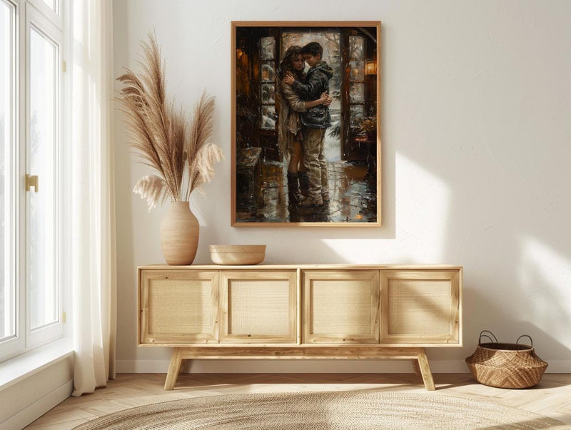 Mother Son Hug Print, Rainy Morning Wall Art - Thick Oil Painting Style