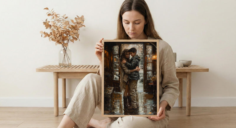 Mother Son Hug Print, Rainy Morning Wall Art - Thick Oil Painting Style