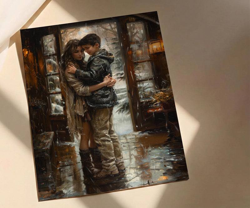 Mother Son Hug Print, Rainy Morning Wall Art - Thick Oil Painting Style