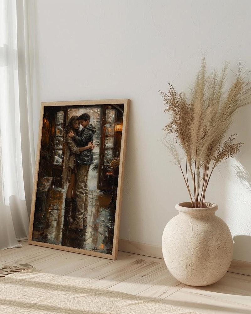 Mother Son Hug Print, Rainy Morning Wall Art - Thick Oil Painting Style