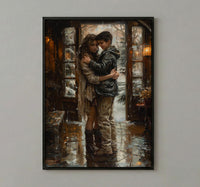 Mother Son Hug Print, Rainy Morning Wall Art - Thick Oil Painting Style