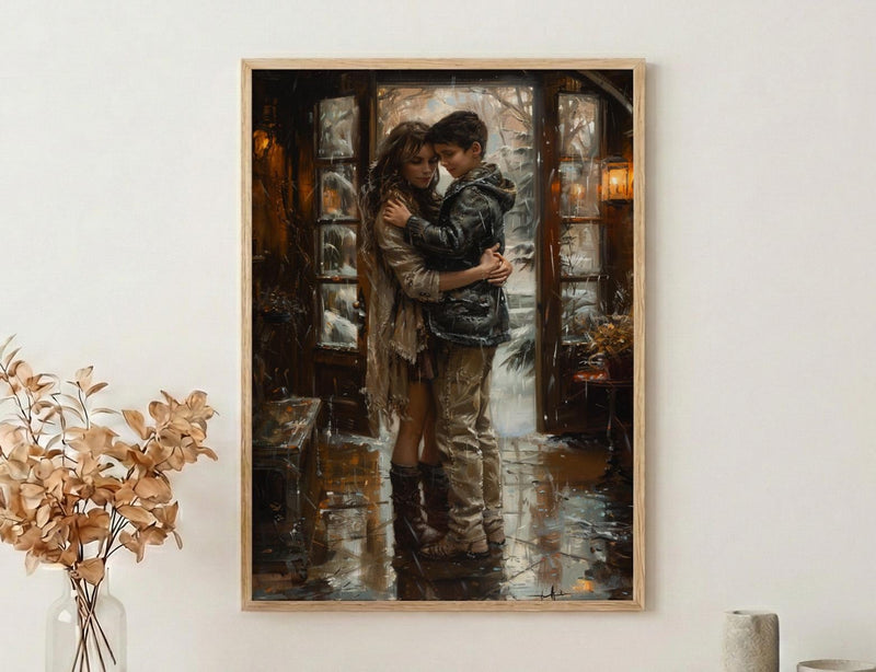 Mother Son Hug Print, Rainy Morning Wall Art - Thick Oil Painting Style