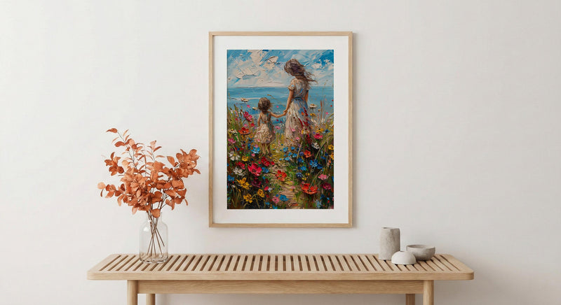 Wildflower Cottage Art Print, Mother Child Poster - Mother's Day Gift